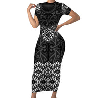 New Zealand Aotearoa Family Matching Short Sleeve Bodycon Dress and Hawaiian Shirt Black Taniko Art Maori Pattern LT05 Mom's Dress Black - Polynesian Pride