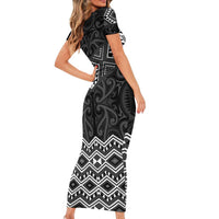 New Zealand Aotearoa Family Matching Short Sleeve Bodycon Dress and Hawaiian Shirt Black Taniko Art Maori Pattern LT05 - Polynesian Pride