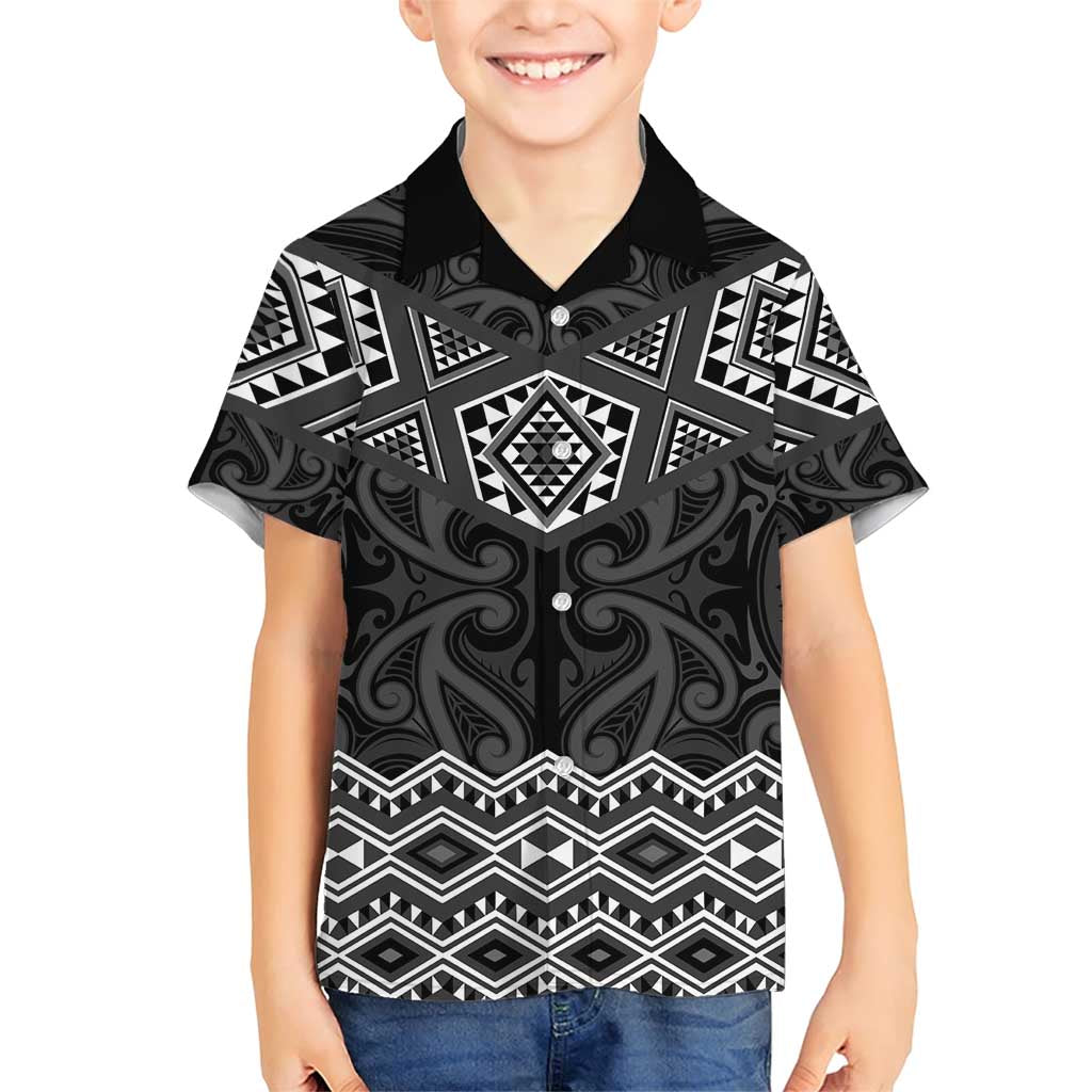 New Zealand Aotearoa Family Matching Short Sleeve Bodycon Dress and Hawaiian Shirt Black Taniko Art Maori Pattern LT05 Son's Shirt Black - Polynesian Pride