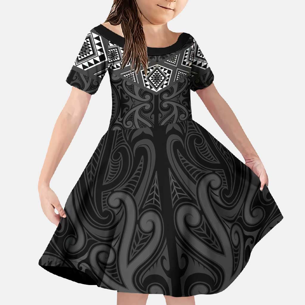 New Zealand Aotearoa Family Matching Summer Maxi Dress and Hawaiian Shirt Black Taniko Art Maori Pattern LT05 Daughter's Dress Black - Polynesian Pride