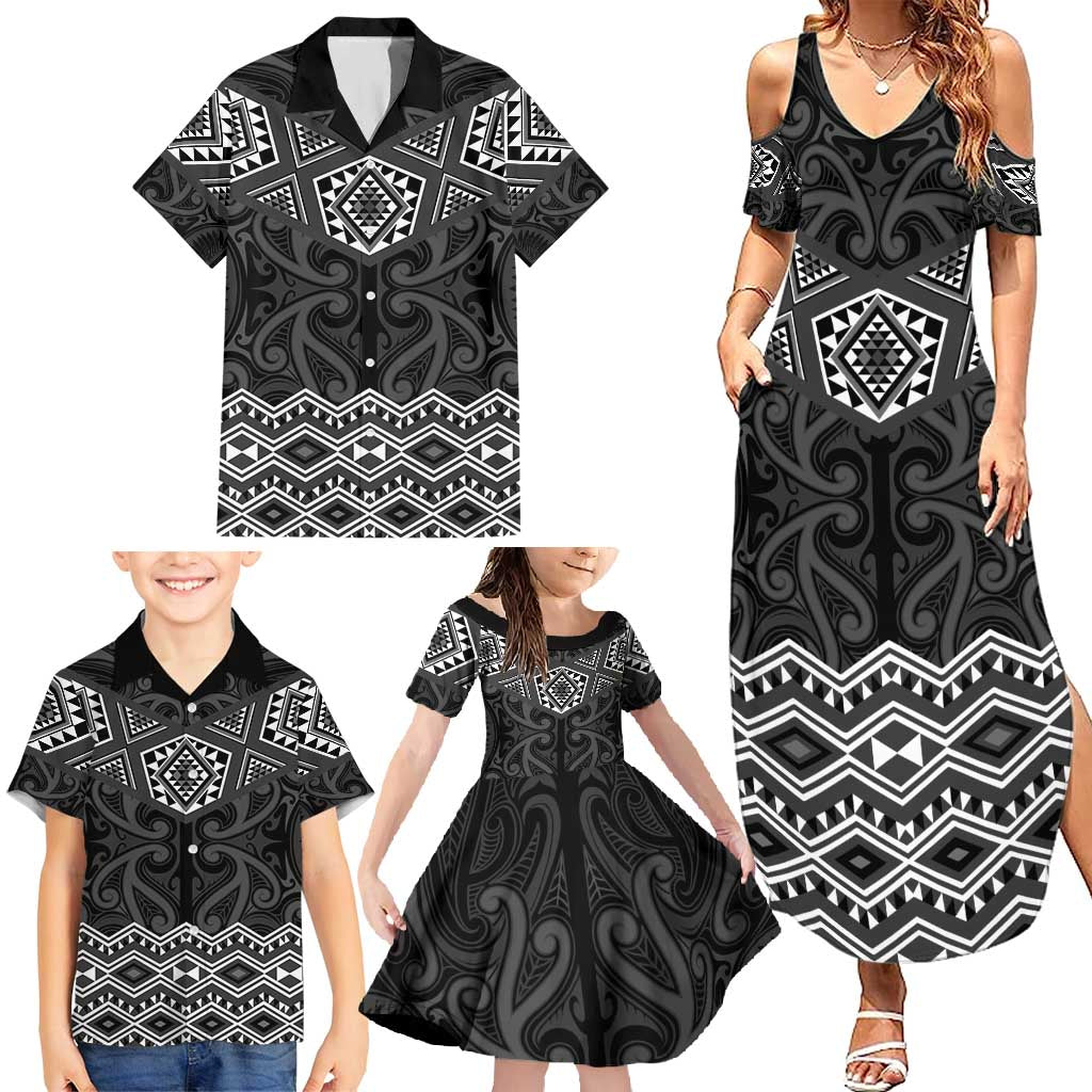 New Zealand Aotearoa Family Matching Summer Maxi Dress and Hawaiian Shirt Black Taniko Art Maori Pattern LT05 - Polynesian Pride