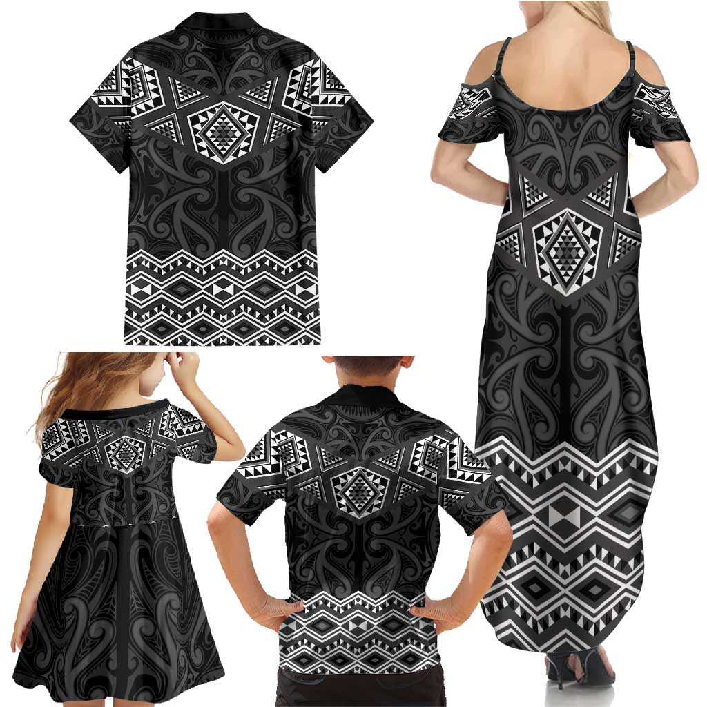 New Zealand Aotearoa Family Matching Summer Maxi Dress and Hawaiian Shirt Black Taniko Art Maori Pattern LT05 - Polynesian Pride