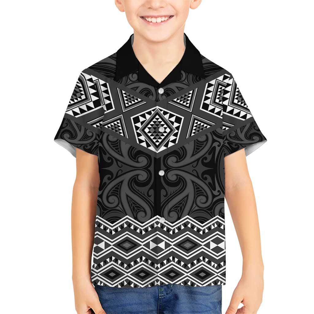 New Zealand Aotearoa Family Matching Summer Maxi Dress and Hawaiian Shirt Black Taniko Art Maori Pattern LT05 Son's Shirt Black - Polynesian Pride