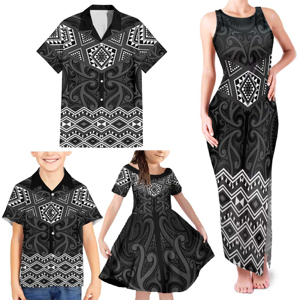 New Zealand Aotearoa Family Matching Tank Maxi Dress and Hawaiian Shirt Black Taniko Art Maori Pattern LT05 - Polynesian Pride