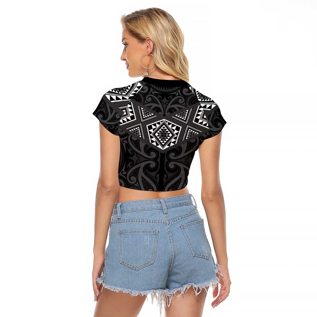 New Zealand Aotearoa Raglan Cropped T Shirt Black Taniko Art Maori Pattern