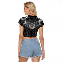New Zealand Aotearoa Raglan Cropped T Shirt Black Taniko Art Maori Pattern
