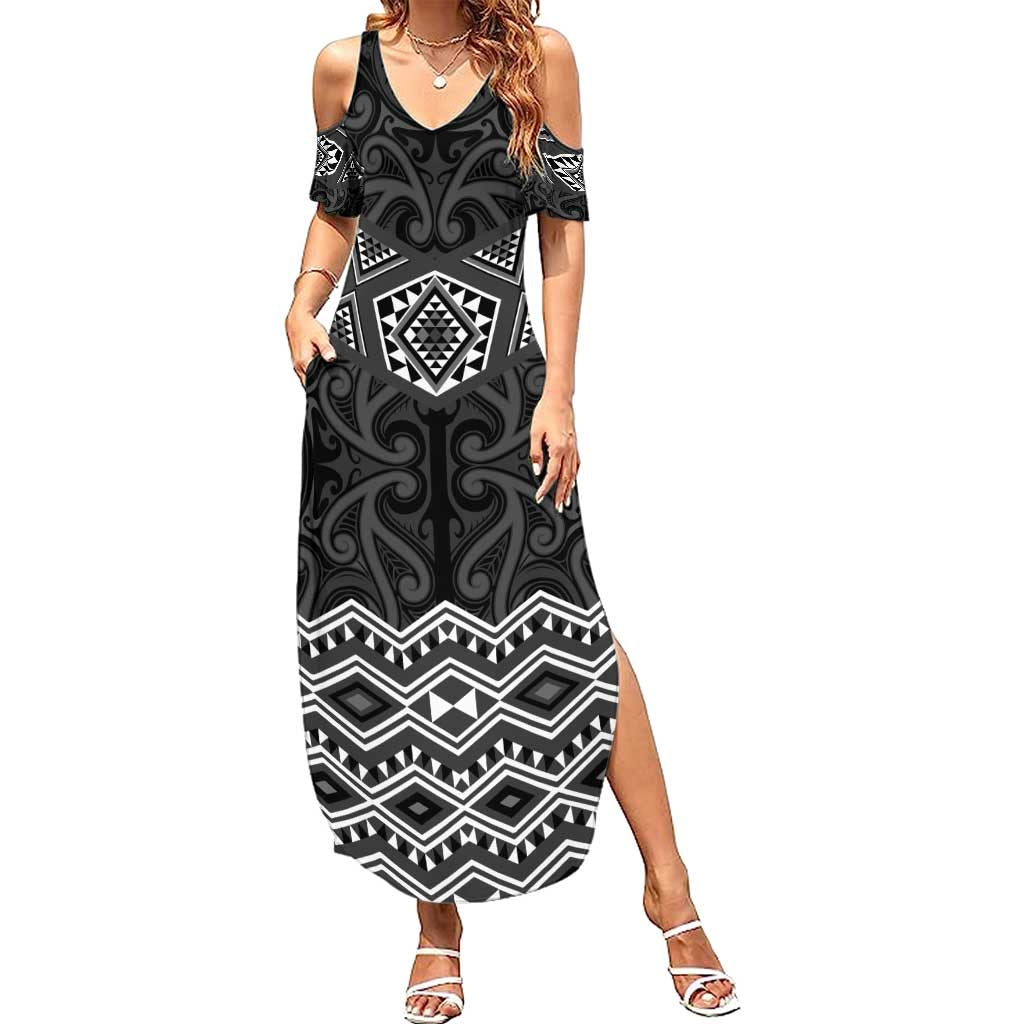 New Zealand Aotearoa Summer Maxi Dress Black Taniko Art Maori Pattern LT05 Women Black - Polynesian Pride