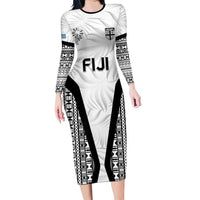 Custom Fiji 2026 Rugby Family Matching Long Sleeve Bodycon Dress and Hawaiian Shirt Fijian Tapa Pattern LT05 Mom's Dress White - Polynesian Pride