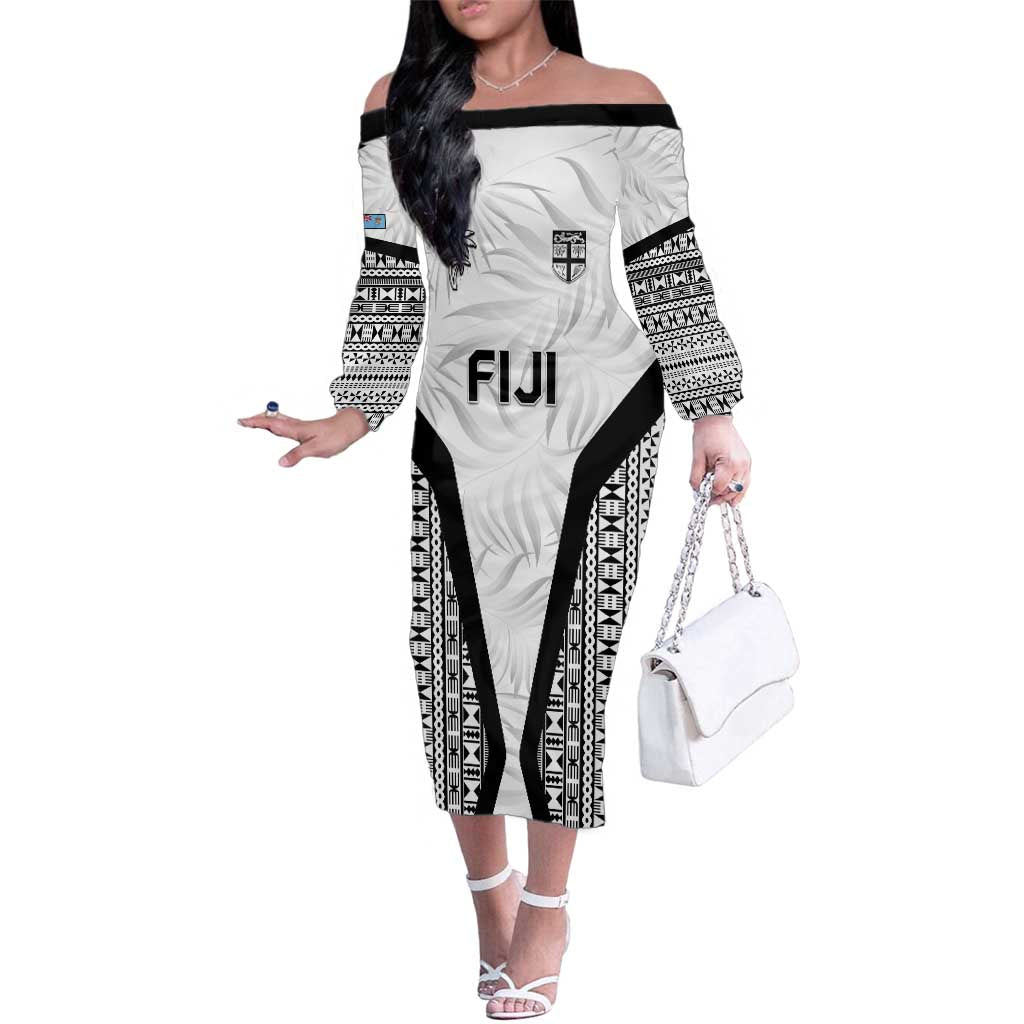 Custom Fiji 2026 Rugby Family Matching Off The Shoulder Long Sleeve Dress and Hawaiian Shirt Fijian Tapa Pattern LT05 Mom's Dress White - Polynesian Pride