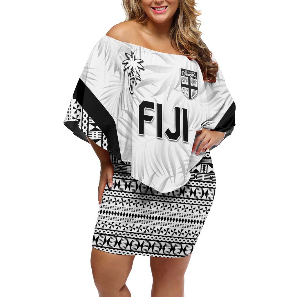 Custom Fiji 2026 Rugby Family Matching Off Shoulder Short Dress and Hawaiian Shirt Fijian Tapa Pattern LT05 Mom's Dress White - Polynesian Pride