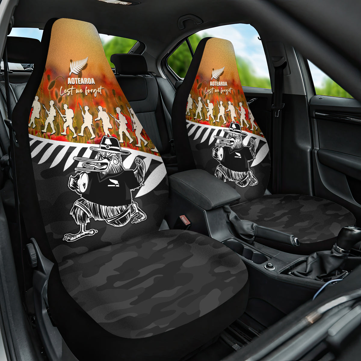 New Zealand ANZAC Rugby Car Seat Cover Soldier Fern With Kiwi Bird LT05 One Size Black - Polynesian Pride