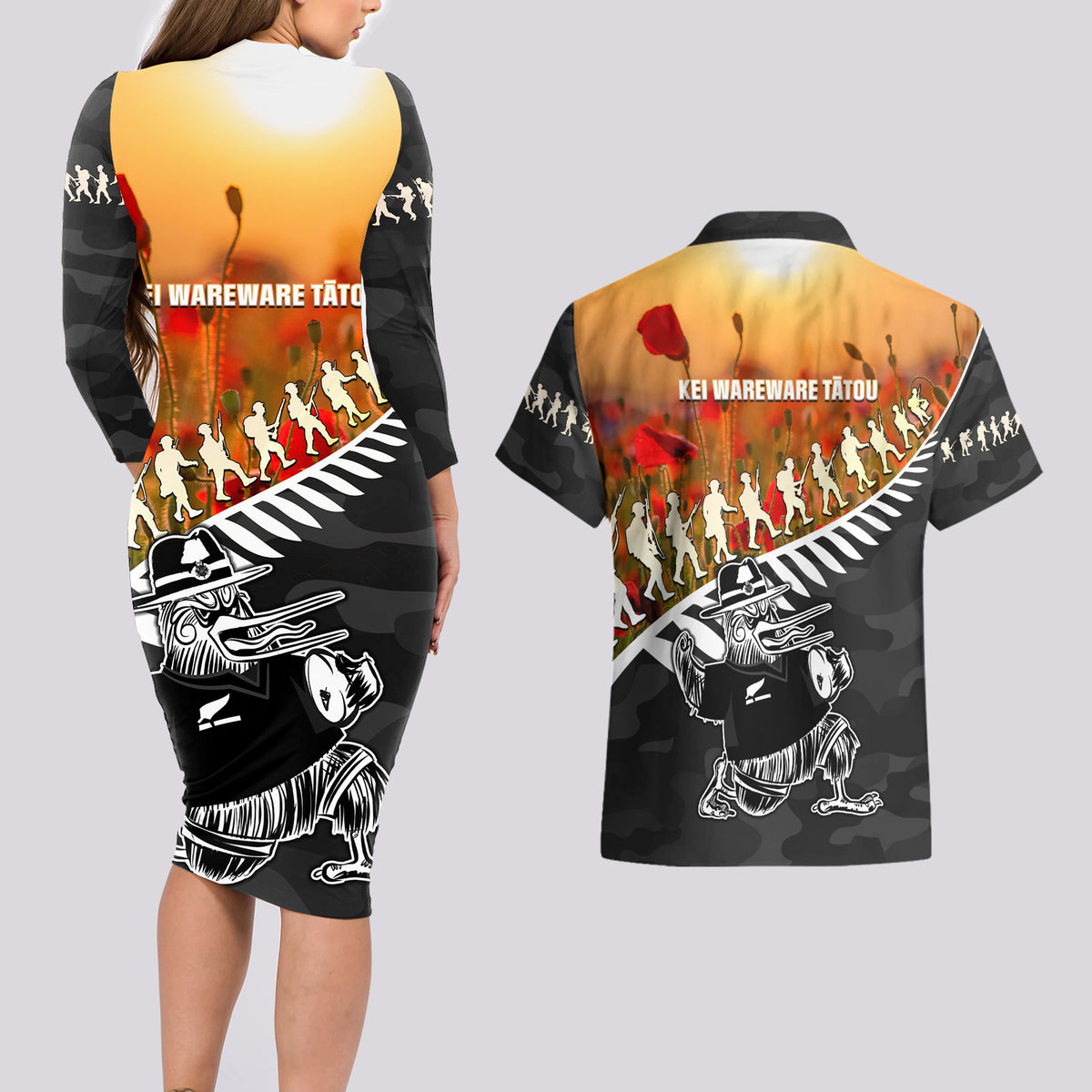 New Zealand ANZAC Rugby Couples Matching Long Sleeve Bodycon Dress and Hawaiian Shirt Soldier Fern With Kiwi Bird LT05 - Polynesian Pride