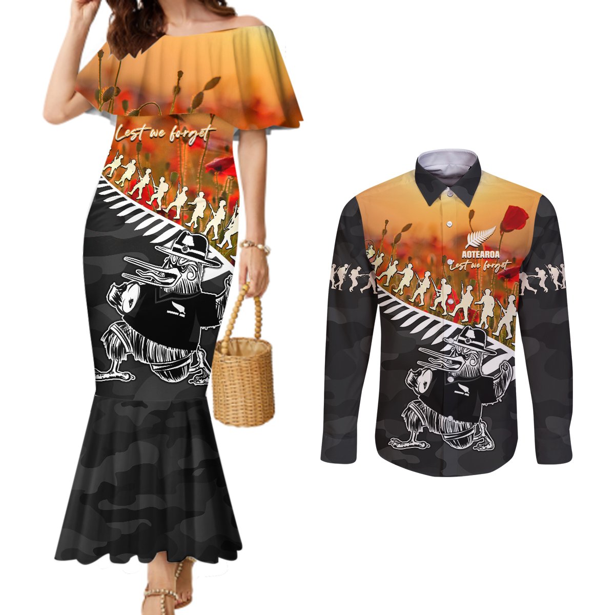 New Zealand ANZAC Rugby Couples Matching Mermaid Dress and Long Sleeve Button Shirt Soldier Fern With Kiwi Bird LT05 Black - Polynesian Pride