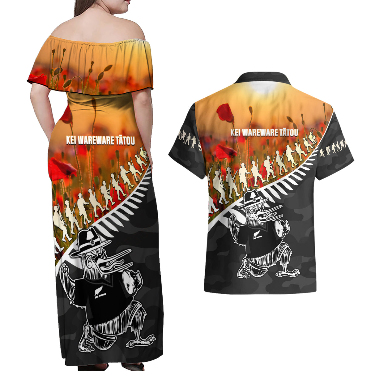 New Zealand ANZAC Rugby Couples Matching Off Shoulder Maxi Dress and Hawaiian Shirt Soldier Fern With Kiwi Bird LT05 - Polynesian Pride
