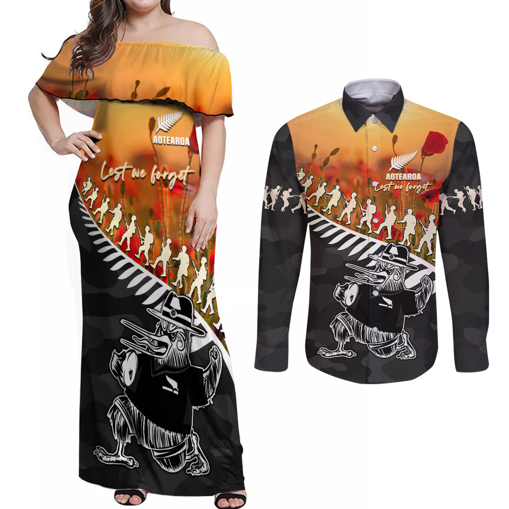 New Zealand ANZAC Rugby Couples Matching Off Shoulder Maxi Dress and Long Sleeve Button Shirt Soldier Fern With Kiwi Bird LT05 Black - Polynesian Pride