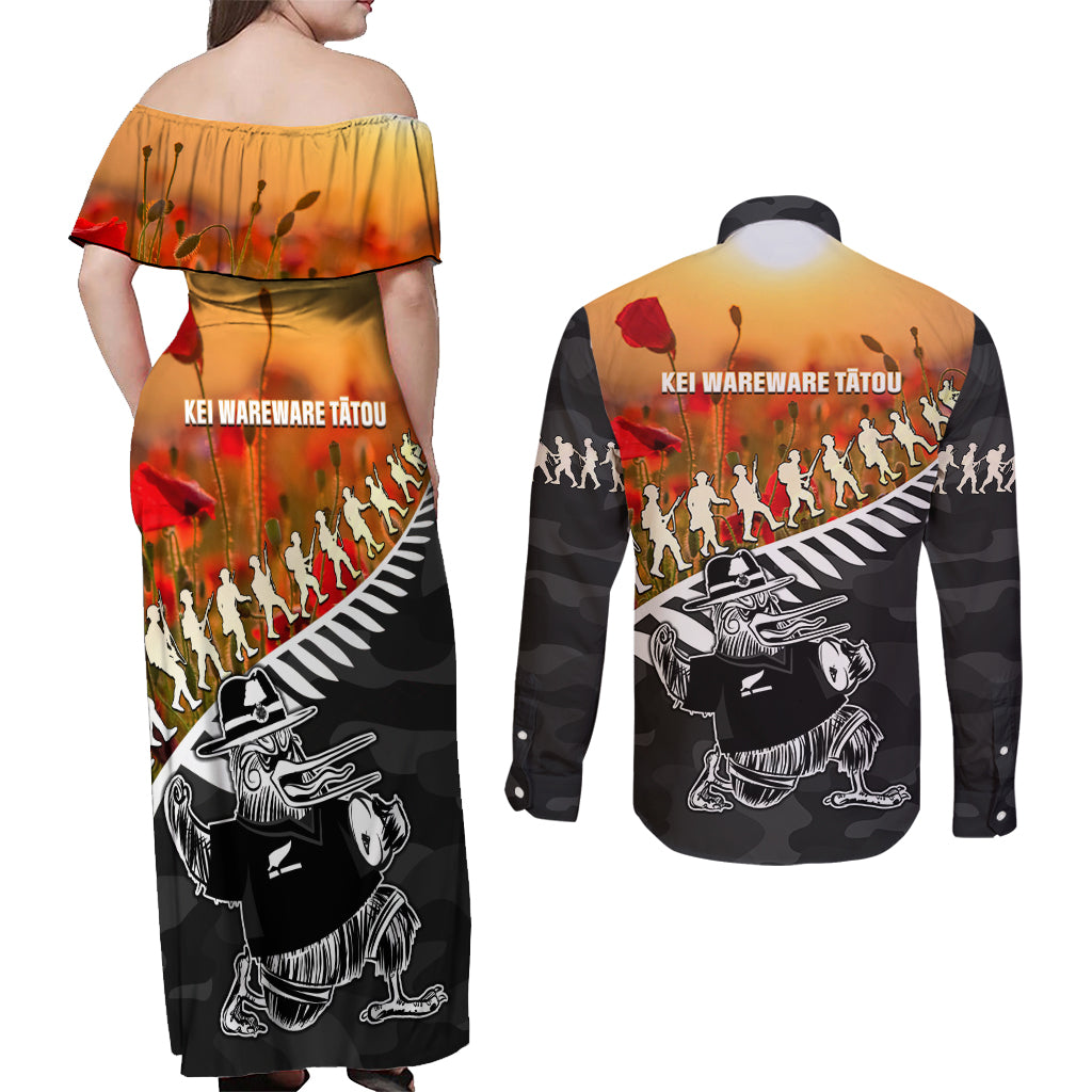 New Zealand ANZAC Rugby Couples Matching Off Shoulder Maxi Dress and Long Sleeve Button Shirt Soldier Fern With Kiwi Bird LT05 - Polynesian Pride
