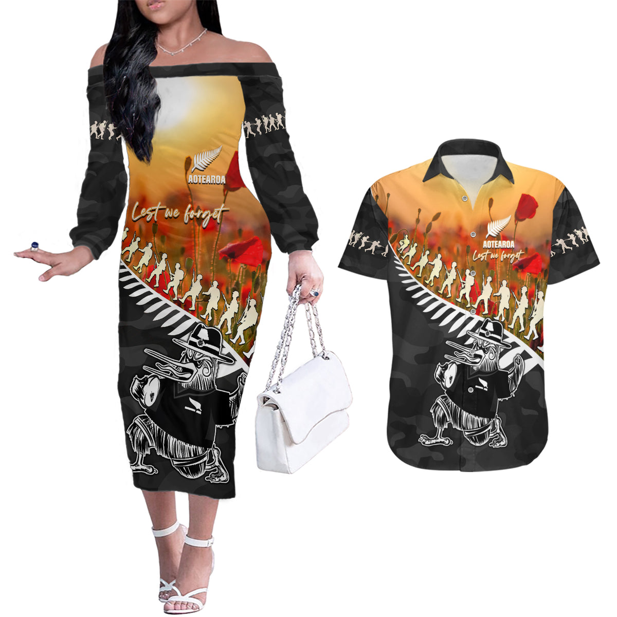 New Zealand ANZAC Rugby Couples Matching Off The Shoulder Long Sleeve Dress and Hawaiian Shirt Soldier Fern With Kiwi Bird LT05 Black - Polynesian Pride