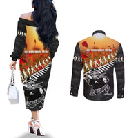 New Zealand ANZAC Rugby Couples Matching Off The Shoulder Long Sleeve Dress and Long Sleeve Button Shirt Soldier Fern With Kiwi Bird LT05 - Polynesian Pride