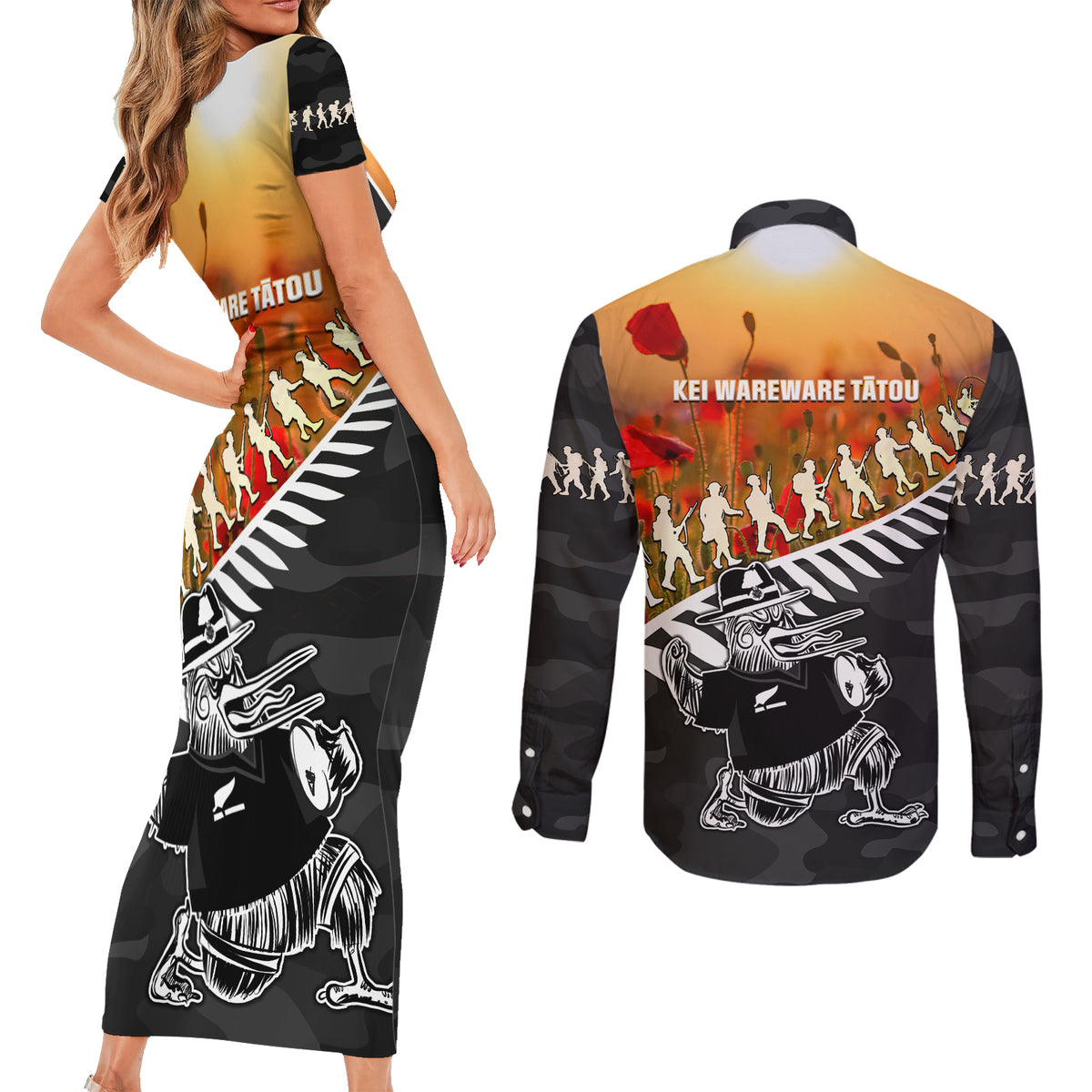 New Zealand ANZAC Rugby Couples Matching Short Sleeve Bodycon Dress and Long Sleeve Button Shirt Soldier Fern With Kiwi Bird LT05 - Polynesian Pride