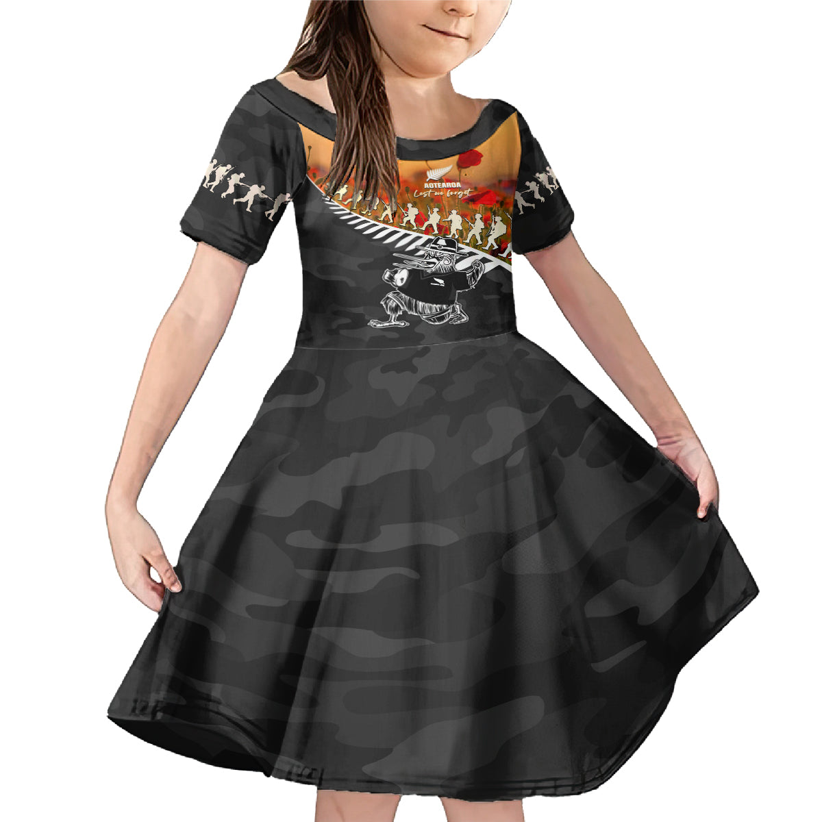 New Zealand ANZAC Rugby Family Matching Mermaid Dress and Hawaiian Shirt Soldier Fern With Kiwi Bird LT05 Daughter's Dress Black - Polynesian Pride