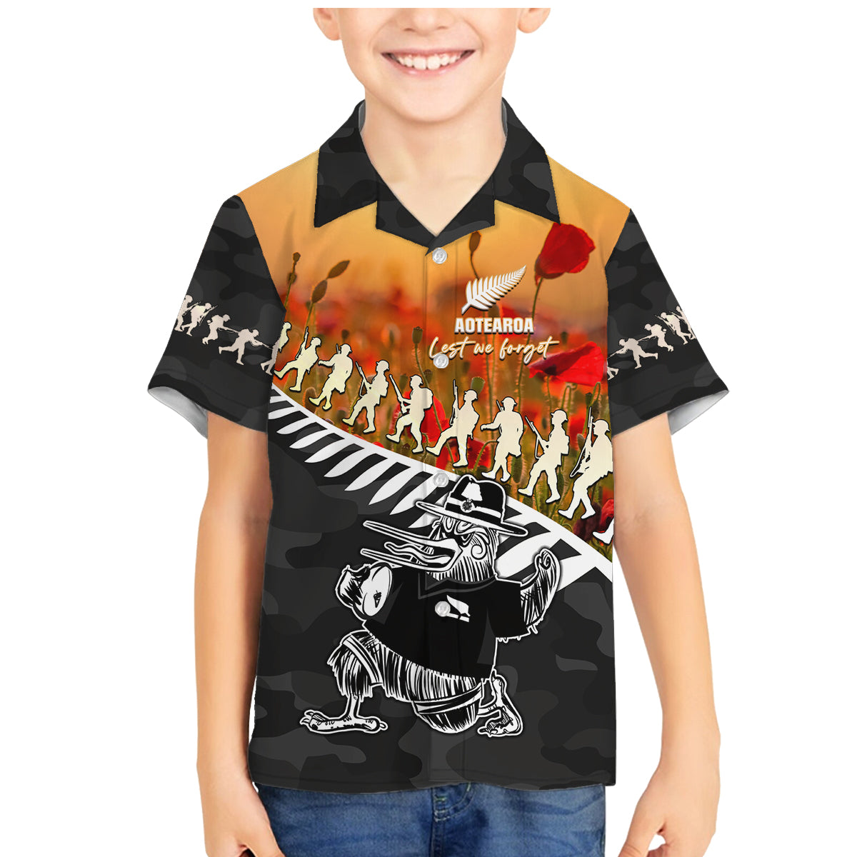 New Zealand ANZAC Rugby Family Matching Mermaid Dress and Hawaiian Shirt Soldier Fern With Kiwi Bird LT05 Son's Shirt Black - Polynesian Pride