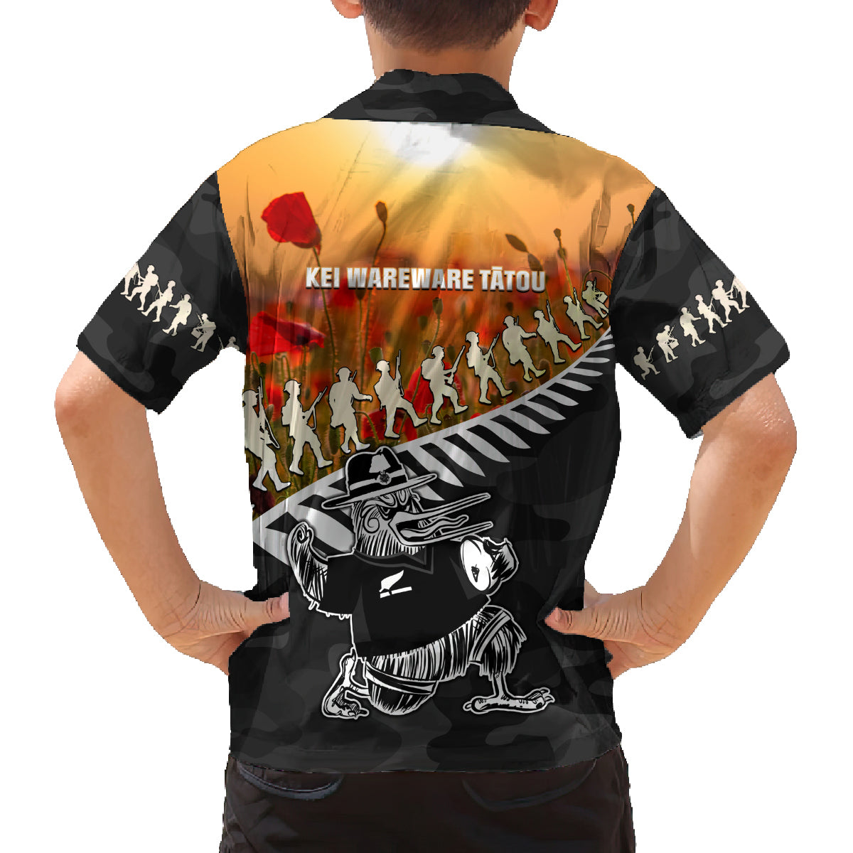 New Zealand ANZAC Rugby Family Matching Off The Shoulder Long Sleeve Dress and Hawaiian Shirt Soldier Fern With Kiwi Bird LT05 - Polynesian Pride