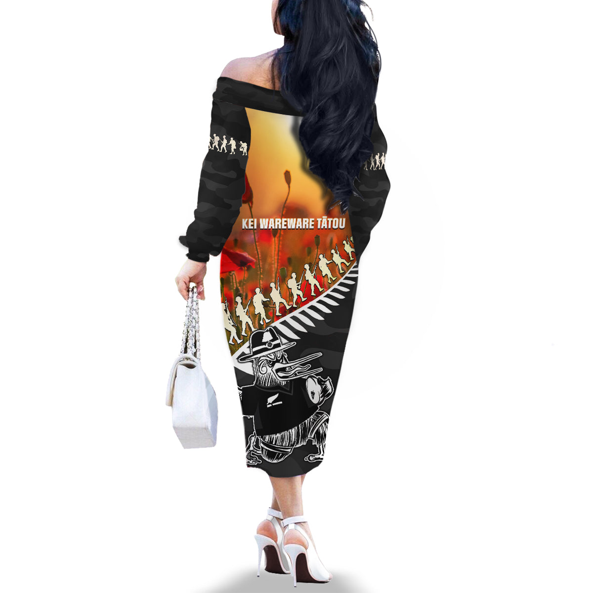 New Zealand ANZAC Rugby Family Matching Off The Shoulder Long Sleeve Dress and Hawaiian Shirt Soldier Fern With Kiwi Bird LT05 - Polynesian Pride