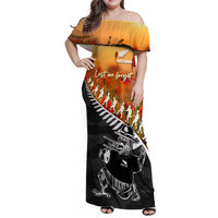 New Zealand ANZAC Rugby Family Matching Off Shoulder Maxi Dress and Hawaiian Shirt Soldier Fern With Kiwi Bird LT05 Mom's Dress Black - Polynesian Pride
