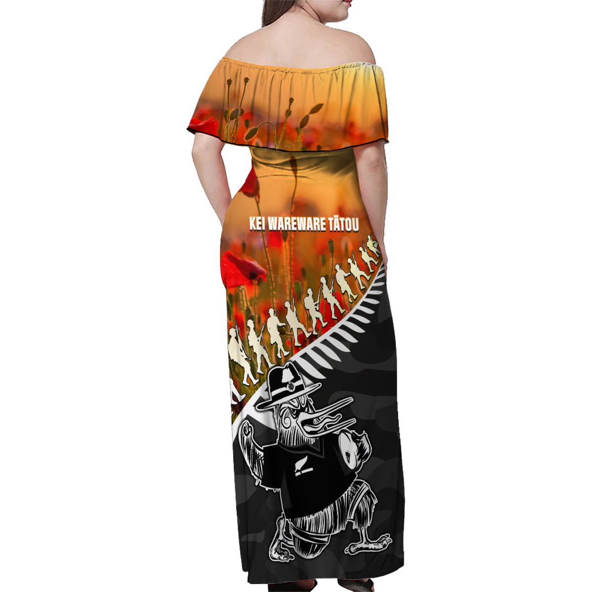 New Zealand ANZAC Rugby Family Matching Off Shoulder Maxi Dress and Hawaiian Shirt Soldier Fern With Kiwi Bird LT05 - Polynesian Pride