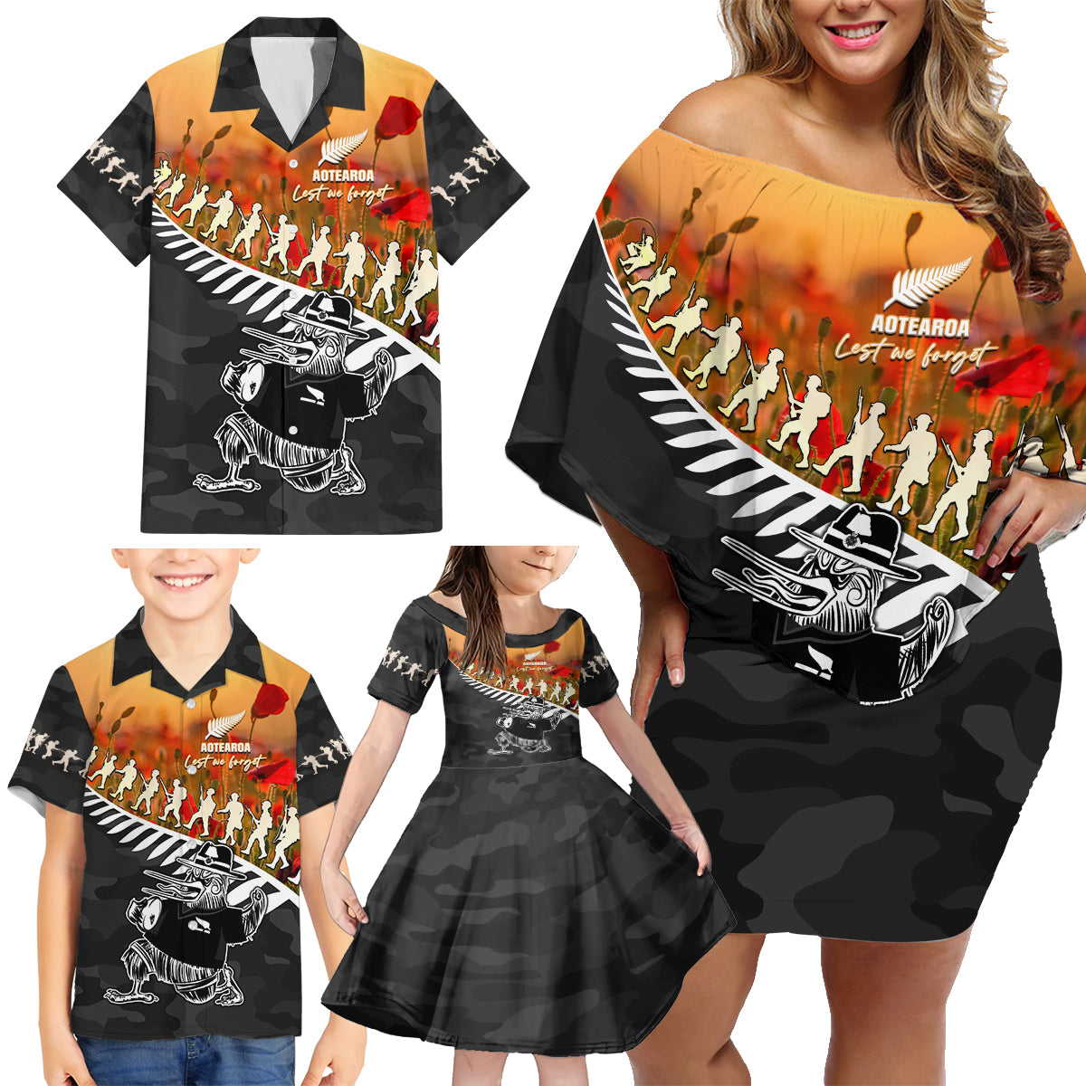 New Zealand ANZAC Rugby Family Matching Off Shoulder Short Dress and Hawaiian Shirt Soldier Fern With Kiwi Bird LT05 - Polynesian Pride