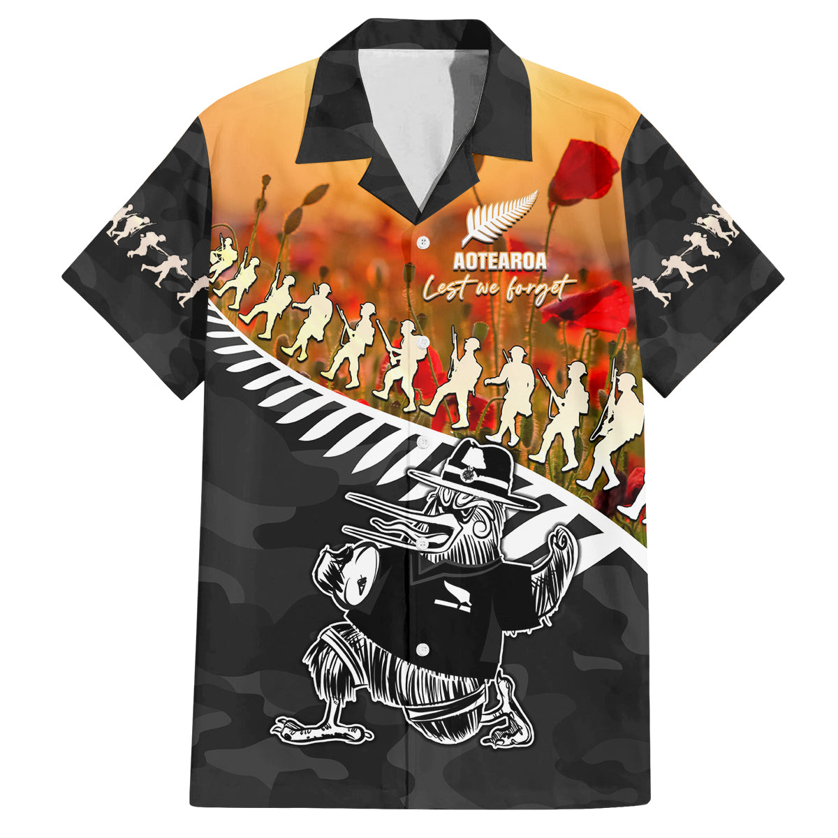 New Zealand ANZAC Rugby Family Matching Off Shoulder Short Dress and Hawaiian Shirt Soldier Fern With Kiwi Bird LT05 Dad's Shirt - Short Sleeve Black - Polynesian Pride