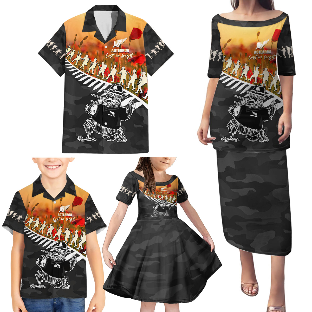 New Zealand ANZAC Rugby Family Matching Puletasi and Hawaiian Shirt Soldier Fern With Kiwi Bird LT05 - Polynesian Pride