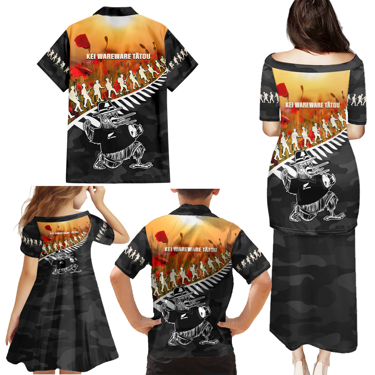 New Zealand ANZAC Rugby Family Matching Puletasi and Hawaiian Shirt Soldier Fern With Kiwi Bird LT05 - Polynesian Pride