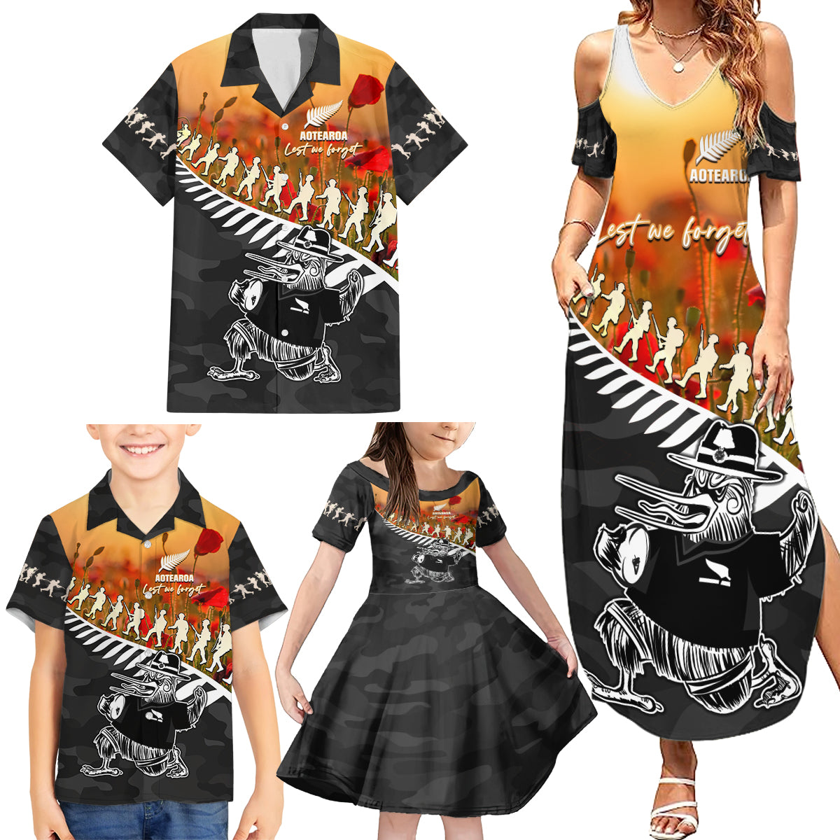 New Zealand ANZAC Rugby Family Matching Summer Maxi Dress and Hawaiian Shirt Soldier Fern With Kiwi Bird LT05 - Polynesian Pride