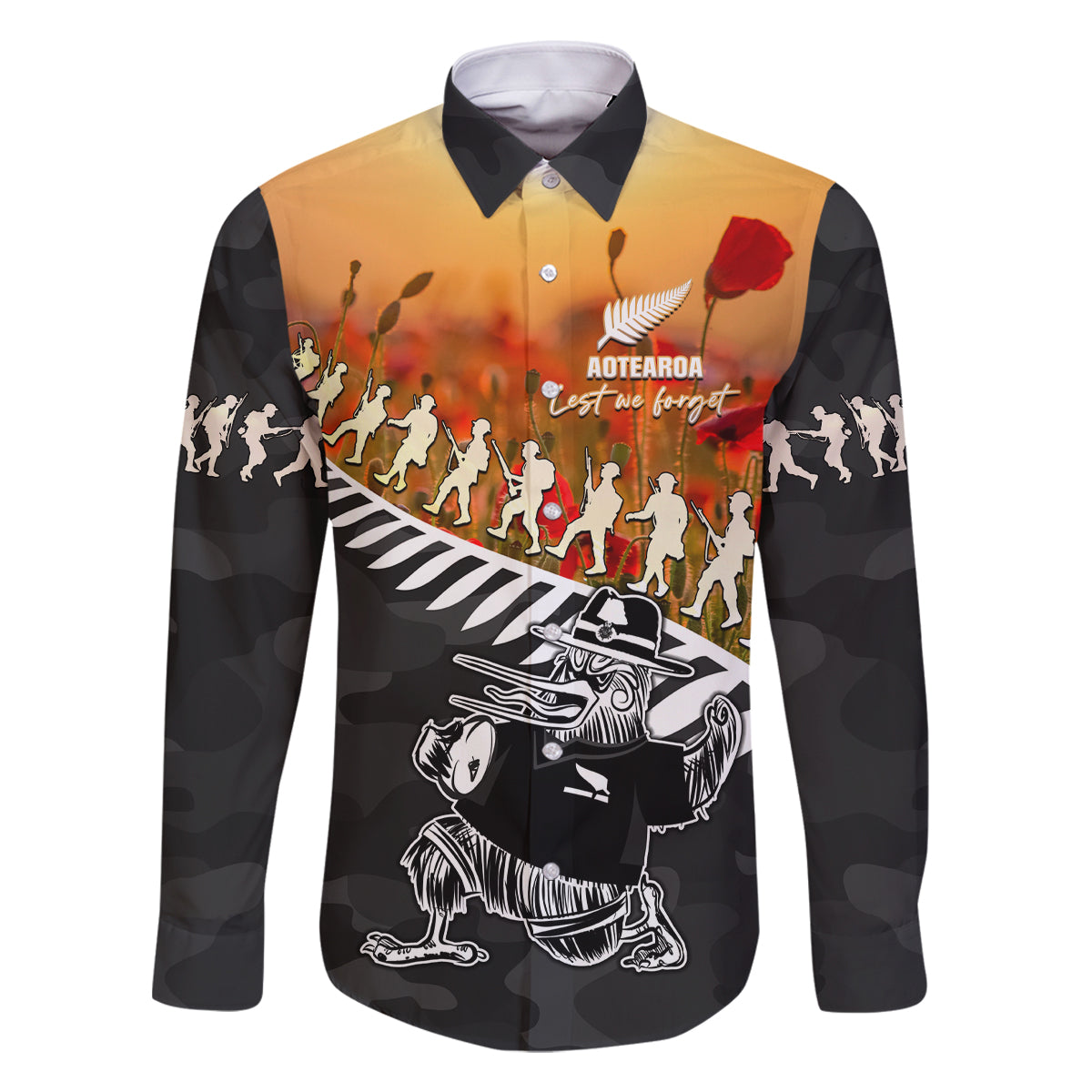 New Zealand ANZAC Rugby Family Matching Tank Maxi Dress and Hawaiian Shirt Soldier Fern With Kiwi Bird LT05 Dad's Shirt - Long Sleeve Black - Polynesian Pride