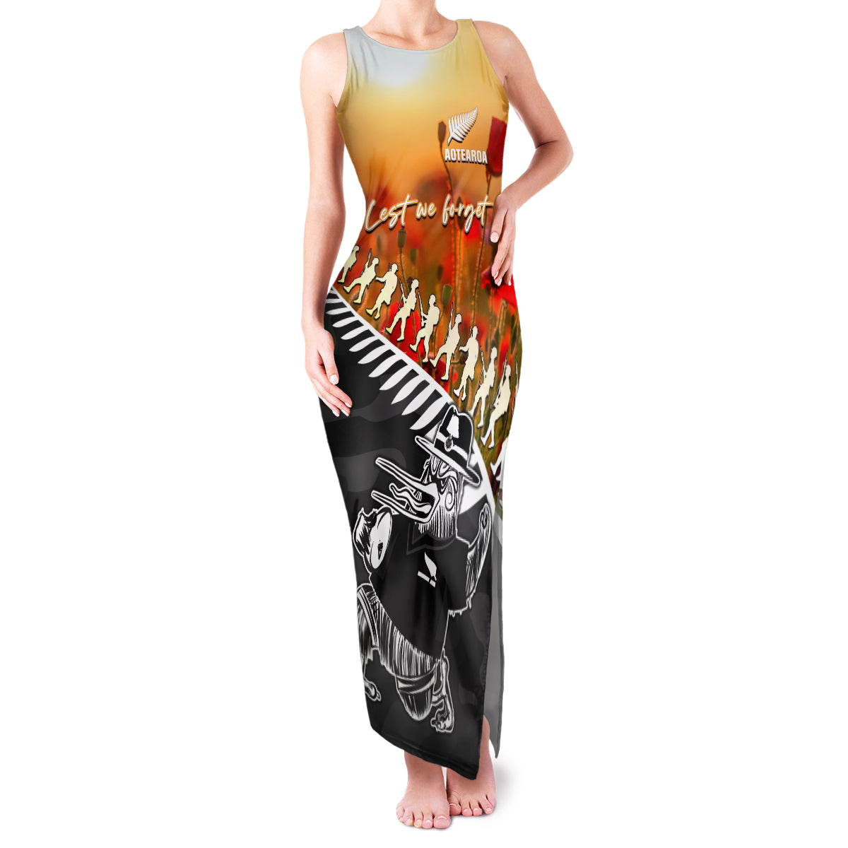 New Zealand ANZAC Rugby Family Matching Tank Maxi Dress and Hawaiian Shirt Soldier Fern With Kiwi Bird LT05 Mom's Dress Black - Polynesian Pride