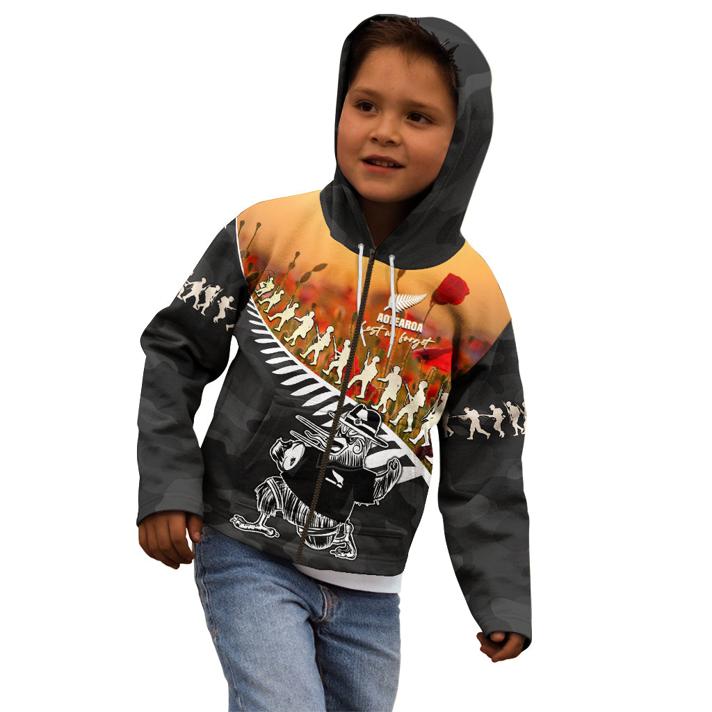 New Zealand ANZAC Rugby Kid Hoodie Soldier Fern With Kiwi Bird LT05 - Polynesian Pride