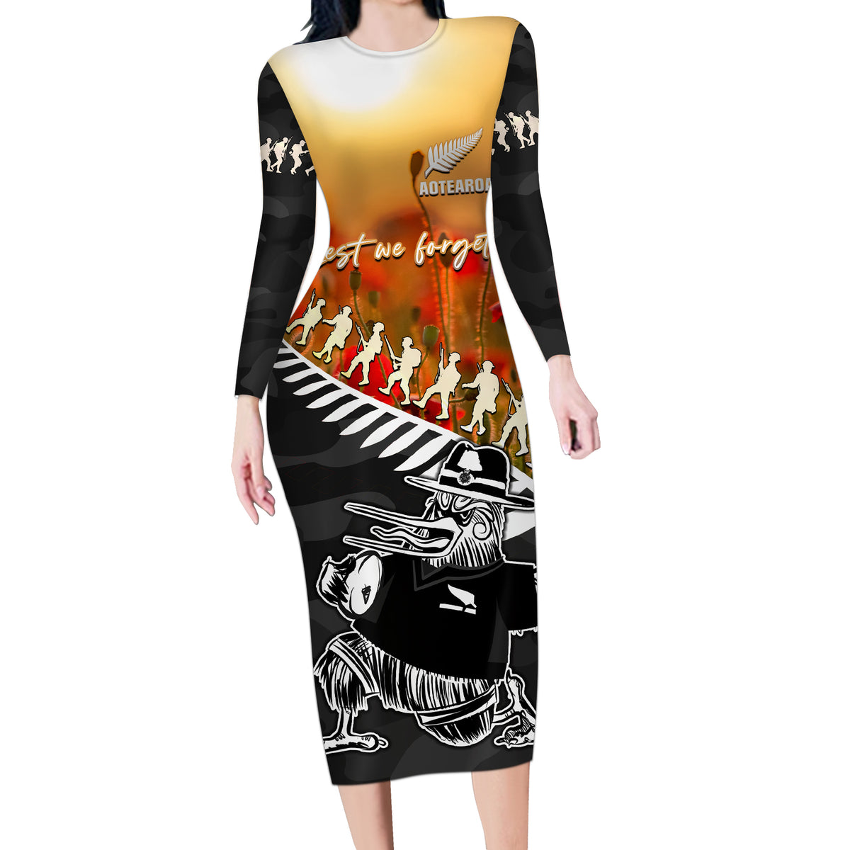 New Zealand ANZAC Rugby Long Sleeve Bodycon Dress Soldier Fern With Kiwi Bird LT05 Long Dress Black - Polynesian Pride