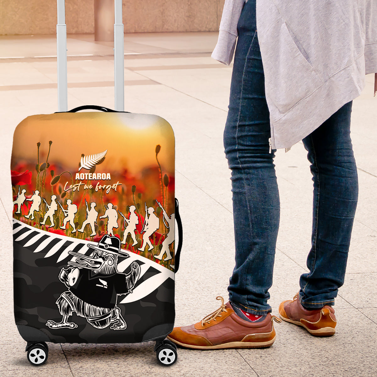 New Zealand ANZAC Rugby Luggage Cover Soldier Fern With Kiwi Bird LT05 Black - Polynesian Pride