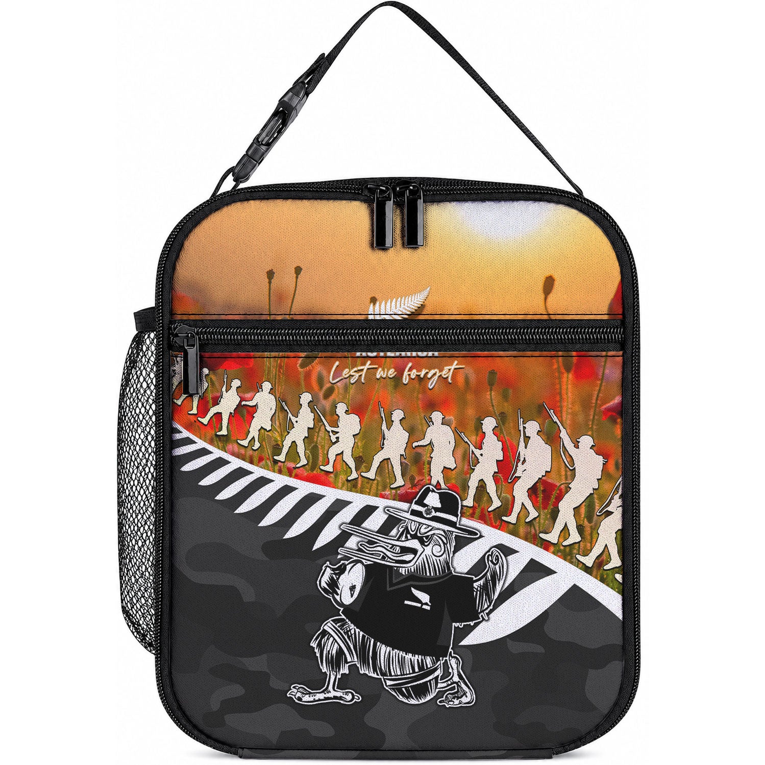 New Zealand ANZAC Rugby Lunch Bag Soldier Fern With Kiwi Bird LT05 10.2 × 8.3 × 4.3 inch Black - Polynesian Pride