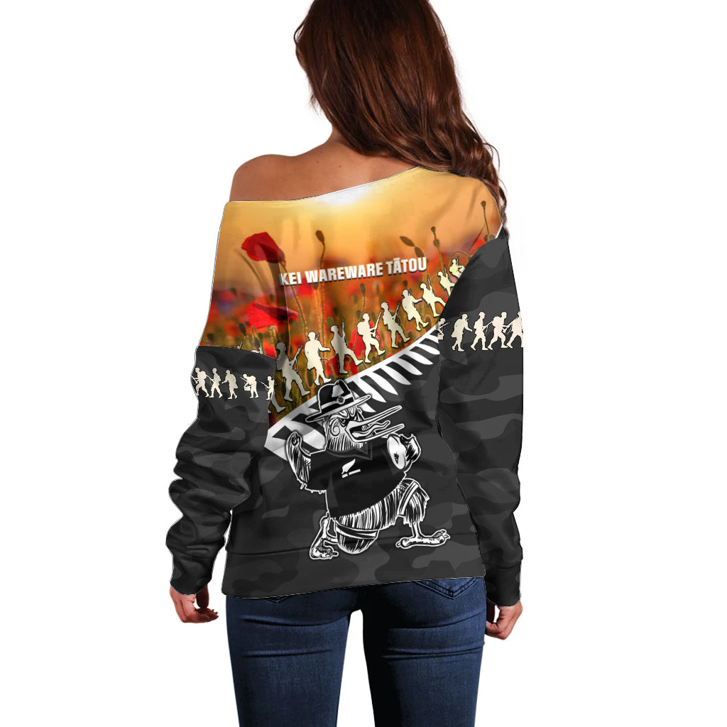 New Zealand ANZAC Rugby Off Shoulder Sweater Soldier Fern With Kiwi Bird LT05