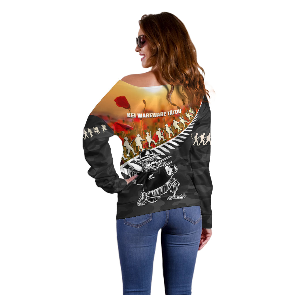New Zealand ANZAC Rugby Off Shoulder Sweater Soldier Fern With Kiwi Bird LT05