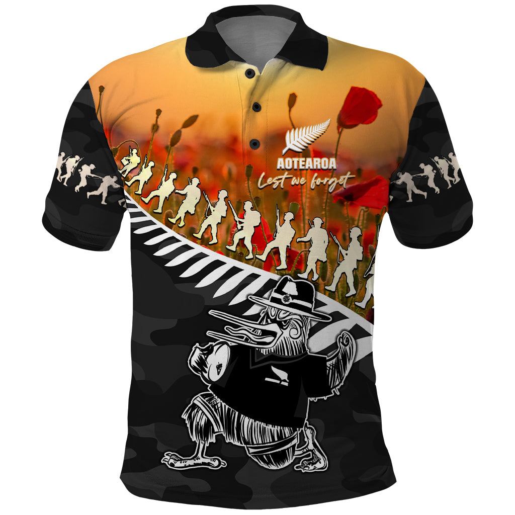 New Zealand ANZAC Rugby Polo Shirt - Soldier Fern With Kiwi Bird LT05 Black - Polynesian Pride