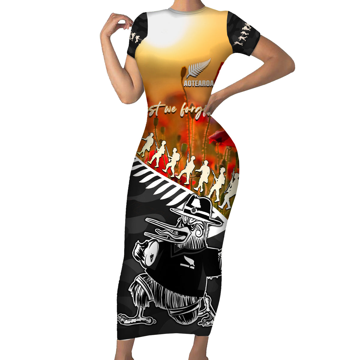 New Zealand ANZAC Rugby Short Sleeve Bodycon Dress Soldier Fern With Kiwi Bird LT05 Long Dress Black - Polynesian Pride
