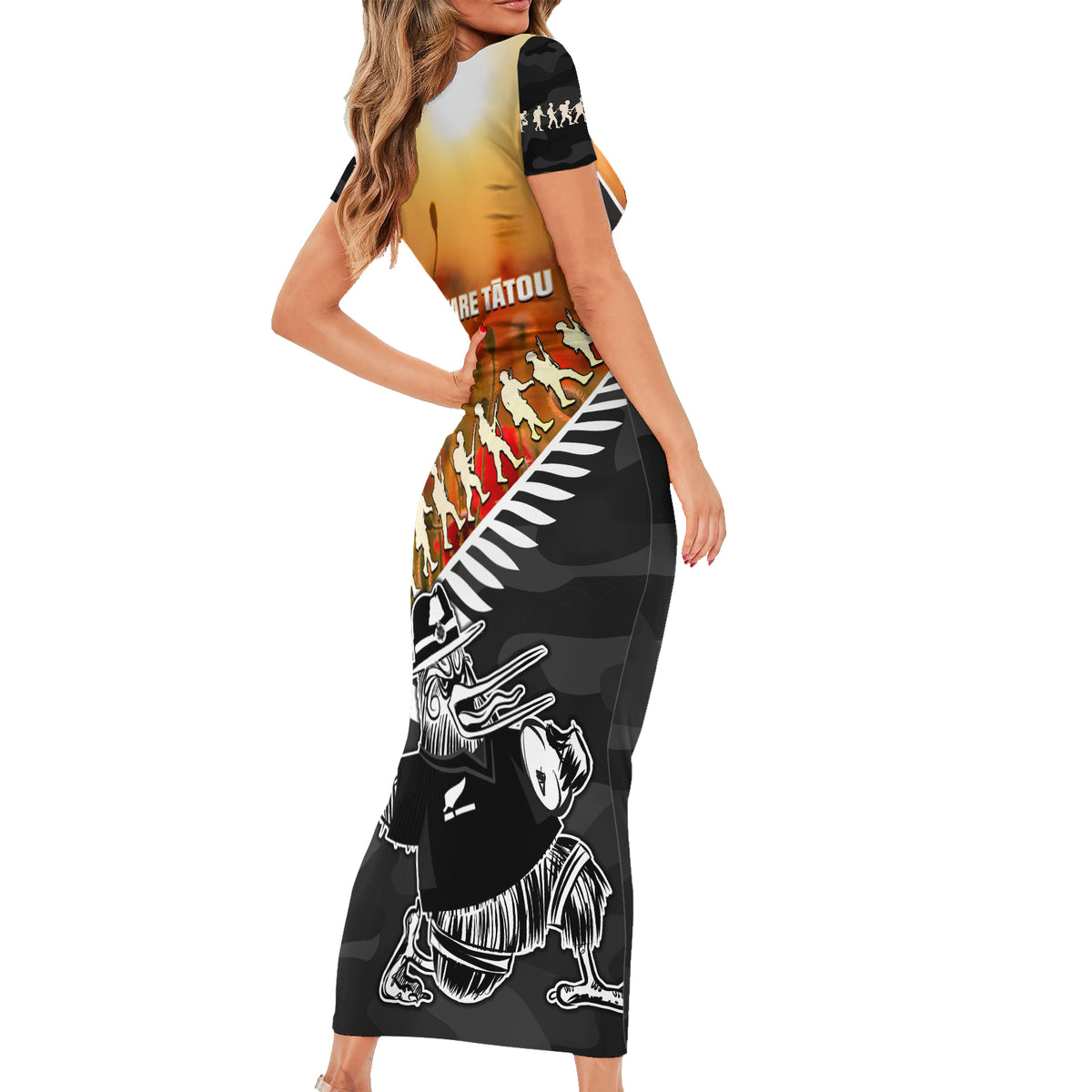 New Zealand ANZAC Rugby Short Sleeve Bodycon Dress Soldier Fern With Kiwi Bird LT05 - Polynesian Pride