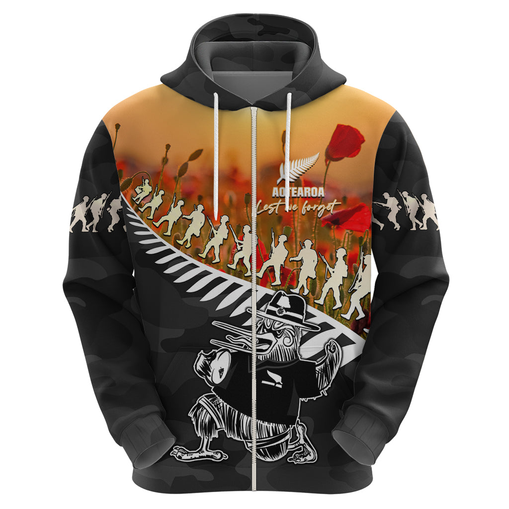 New Zealand ANZAC Rugby Zip Hoodie Soldier Fern With Kiwi Bird LT05 - Polynesian Pride