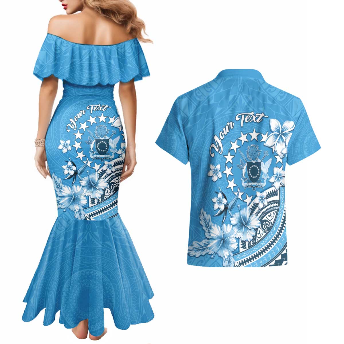 Personalised Penrhyn Gospel Day Couples Matching Mermaid Dress and Hawaiian Shirt Cook Islands Tribal Pattern