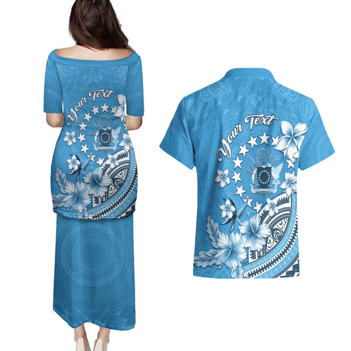 Personalised Penrhyn Gospel Day Couples Matching Puletasi and Hawaiian Shirt Cook Islands Tribal Pattern