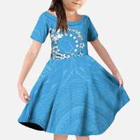 Personalised Penrhyn Gospel Day Family Matching Off The Shoulder Long Sleeve Dress and Hawaiian Shirt Cook Islands Tribal Pattern LT05 Daughter's Dress Blue - Polynesian Pride