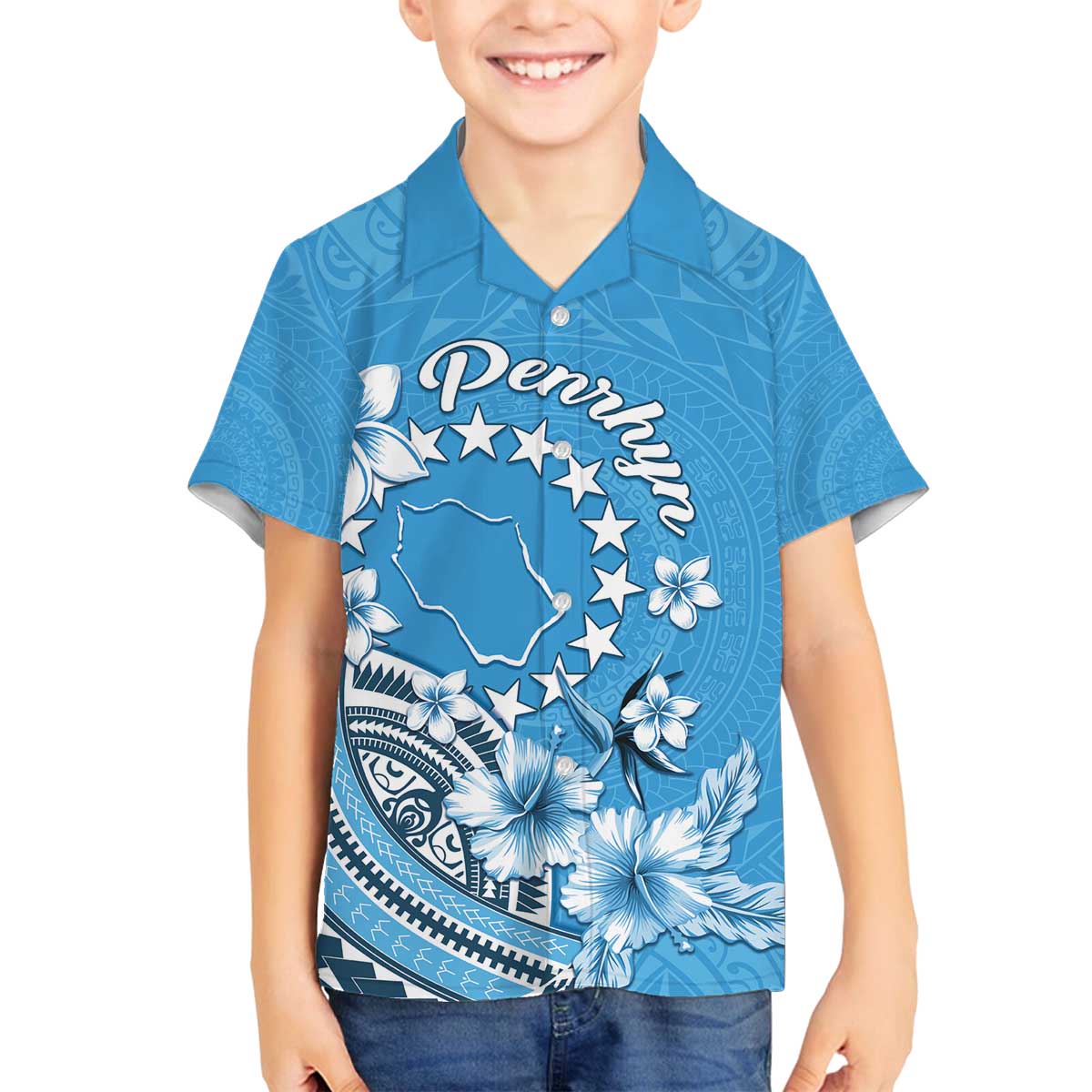 Personalised Penrhyn Gospel Day Family Matching Off The Shoulder Long Sleeve Dress and Hawaiian Shirt Cook Islands Tribal Pattern LT05 Son's Shirt Blue - Polynesian Pride
